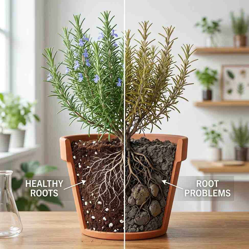 Rosemary root zone comparison showing healthy roots vs root problems in wet compact soil