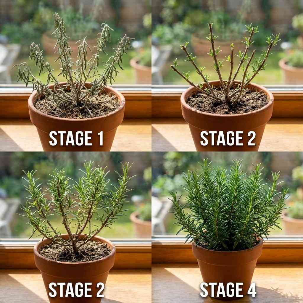Rosemary recovery stages showing new leaf growth stronger stems deeper green color and healthy development