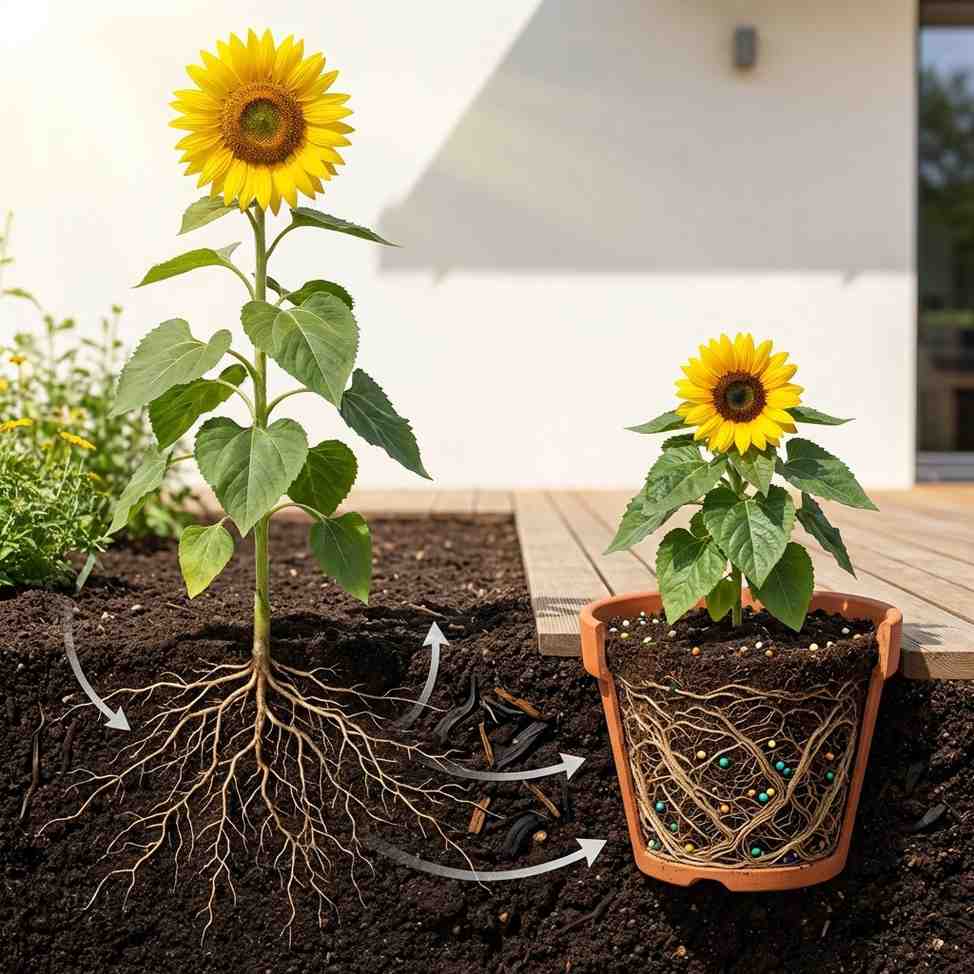 Dwarf sunflowers rely on limited soil nutrients, unlike regular sunflowers with deep roots