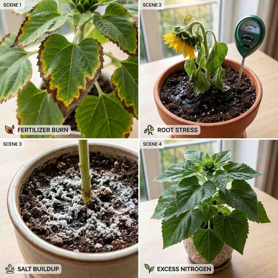 Too much fertilizer can damage roots and reduce flowering in dwarf sunflowers