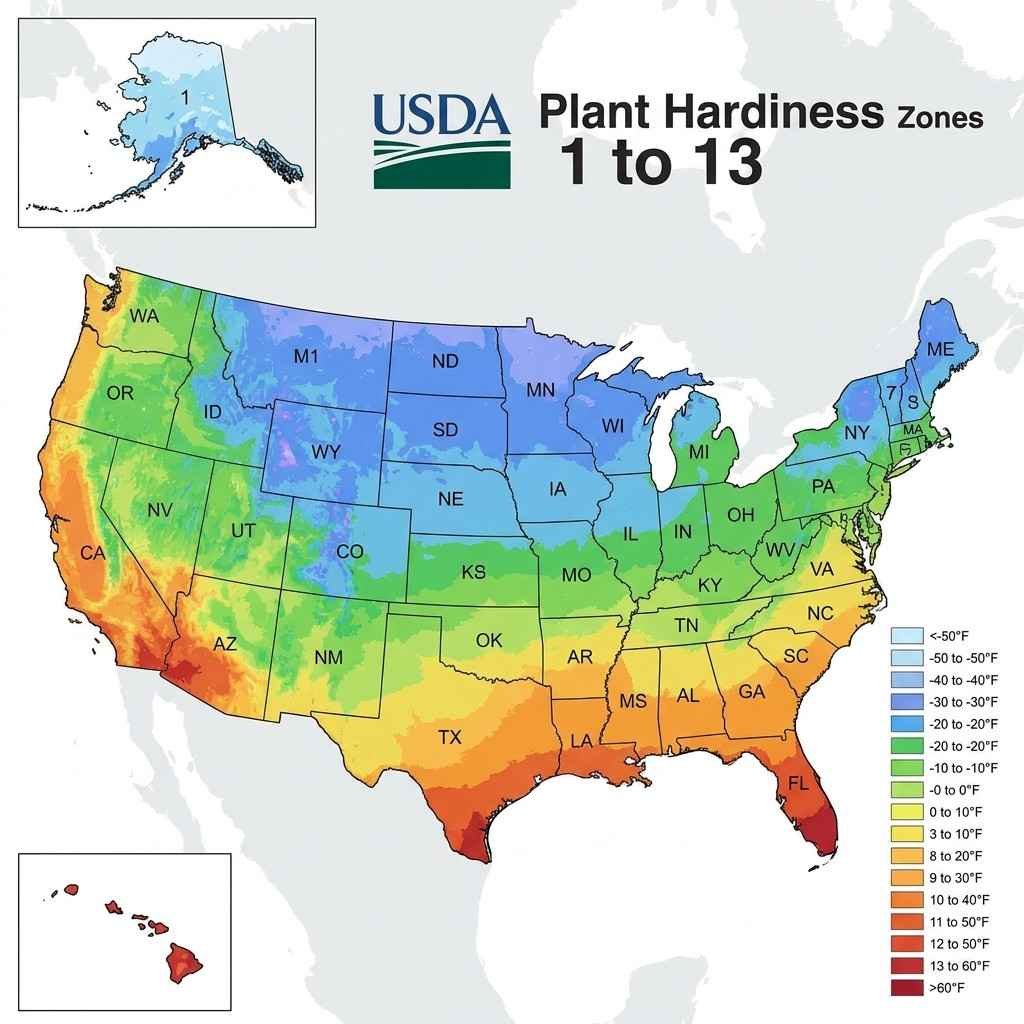 USDA plant hardiness zone map of the United States showing zones 1 to 13 with color coding
