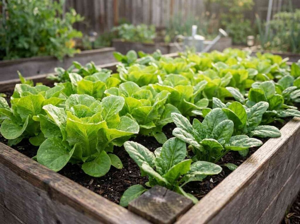 Fresh lettuce and spinach growing in raised garden bed with healthy green leaves