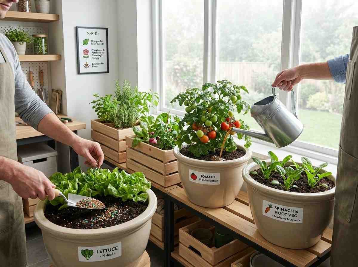 Balanced fertilizing helps indoor vegetables grow strong leaves fruits and roots