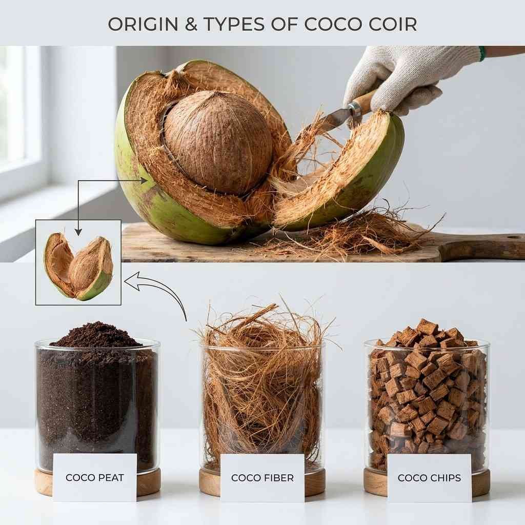 Coco coir types showing coco peat fiber and chips from coconut husk for gardening use