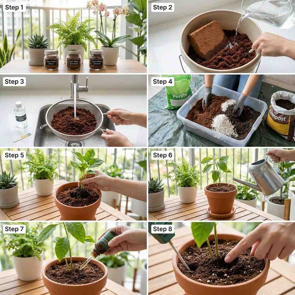 Step by step guide How to Use coco coir for plants including hydration mixing planting watering and fertilizing