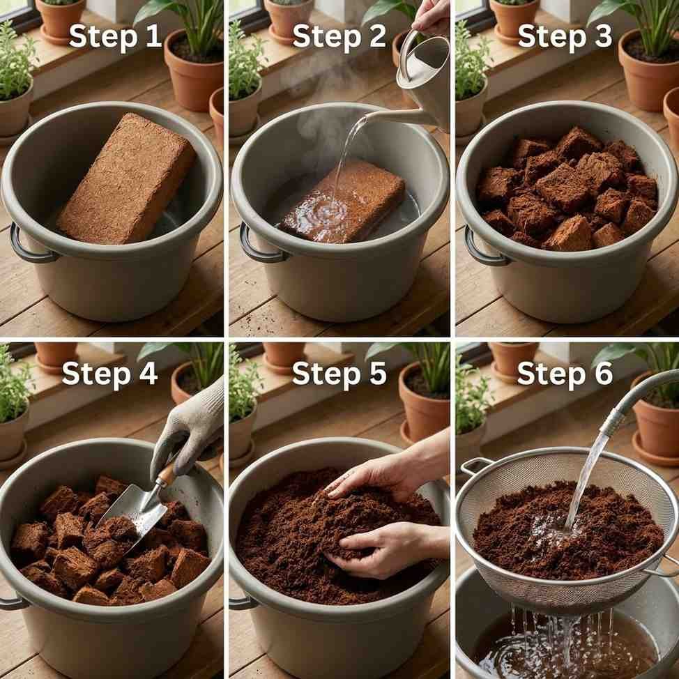 Step by step process of hydrating coco coir brick using water expanding breaking and rinsing