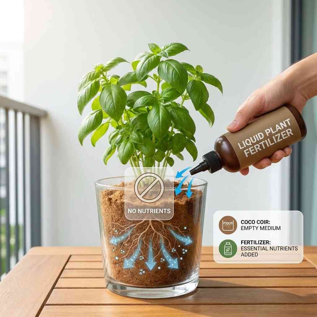 Coco coir growing medium with no nutrients requiring fertilizer for healthy plant growth