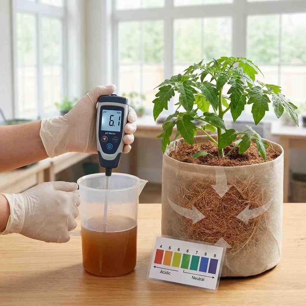 Checking pH level of nutrient solution for coco coir plants using digital pH meter