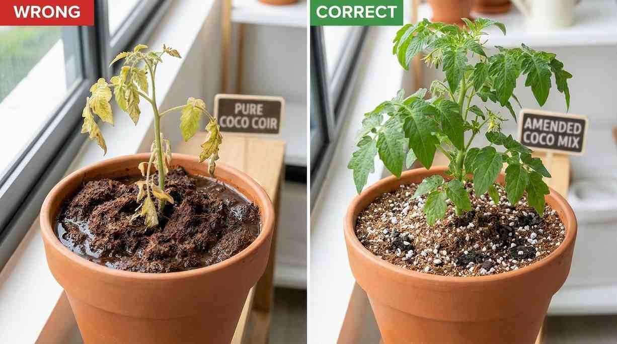 Coco coir used alone vs mixed with perlite showing poor drainage and improved plant growth