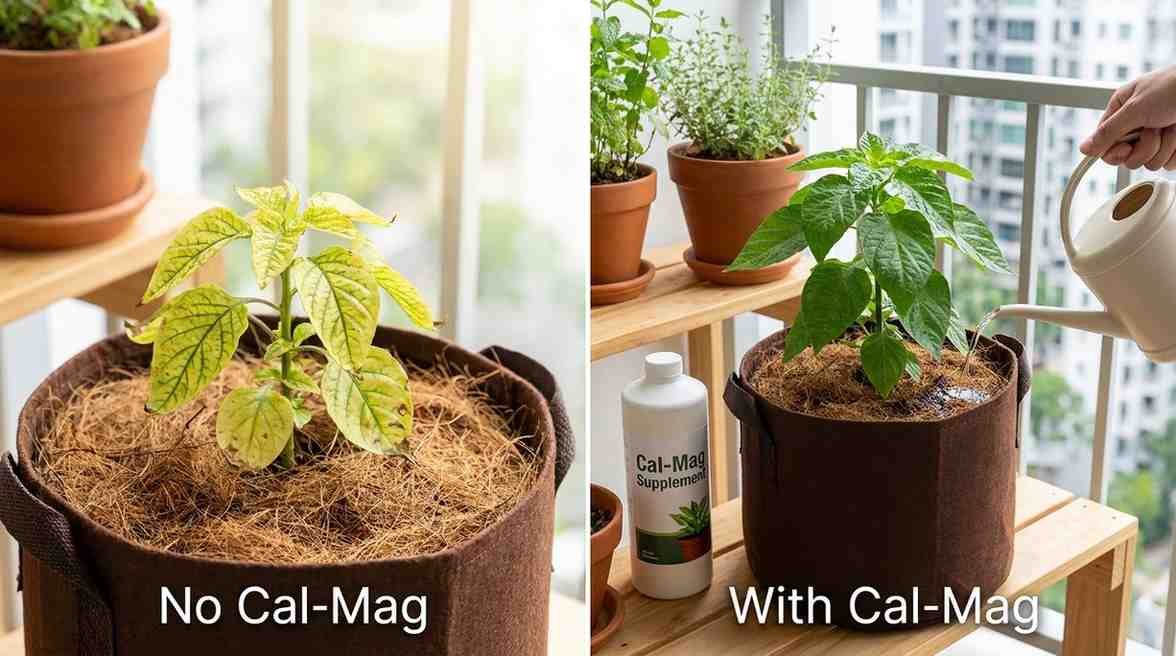 Coco coir plant without cal mag showing deficiency vs healthy plant with cal mag supplementation