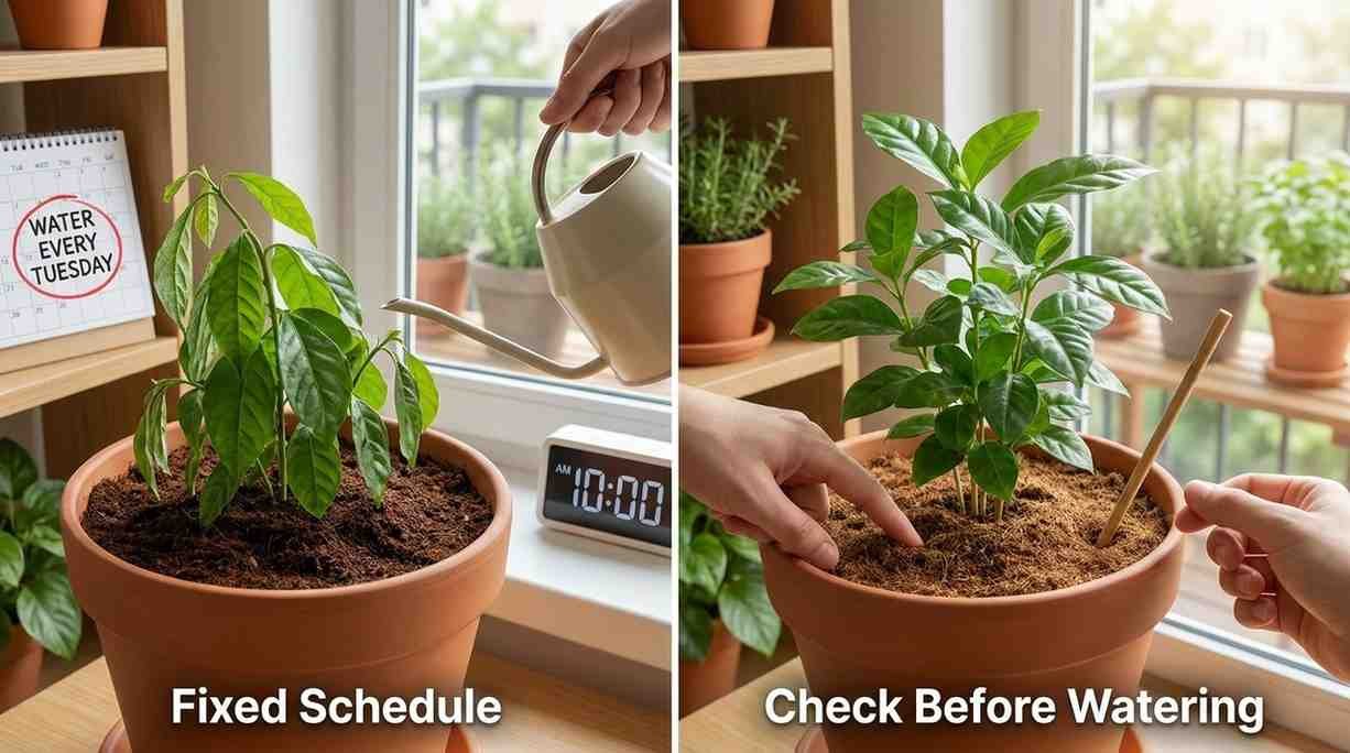 Watering coco coir incorrectly on schedule vs checking moisture before watering for healthy plants