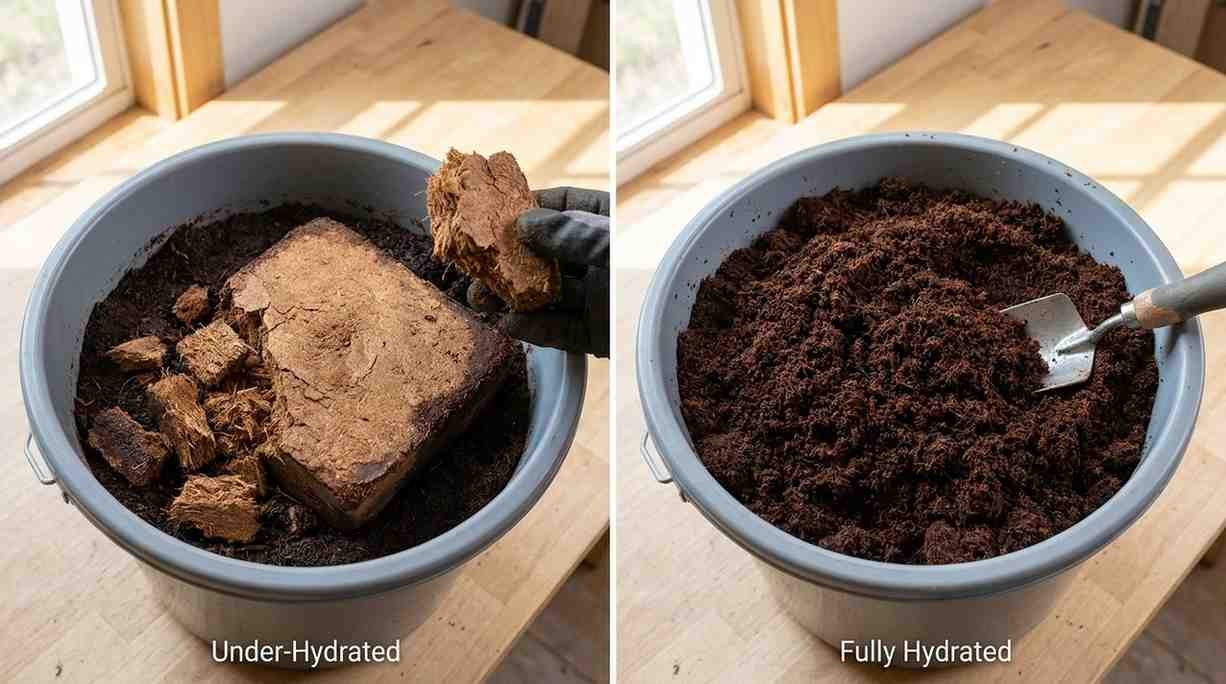 Under hydrated coco coir brick with dry center vs fully hydrated fluffy coco coir ready for planting