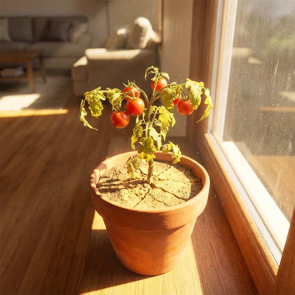 cherry tomato plant in small pot overheating due to direct sunlight on roots