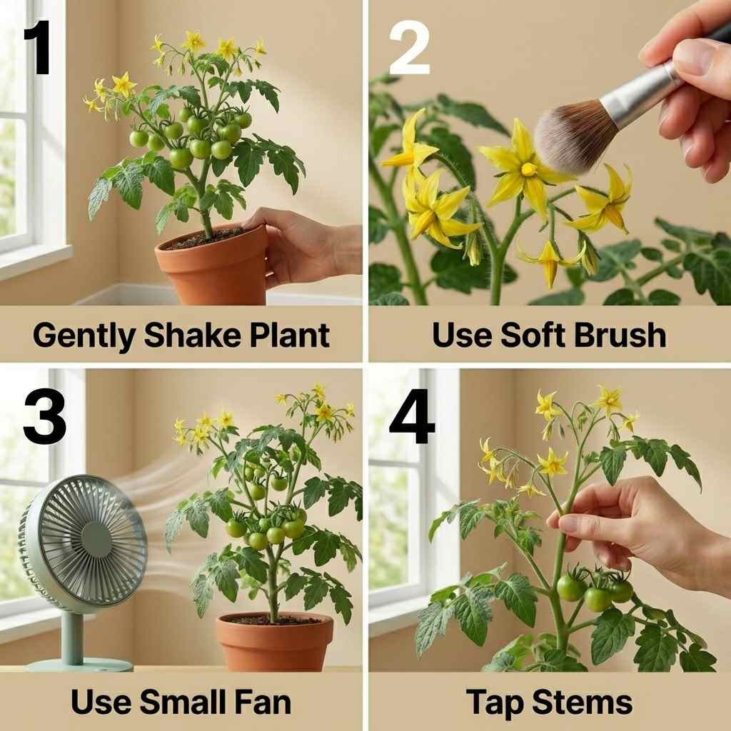 how to pollinate cherry tomato plant indoors using shaking brush and airflow
