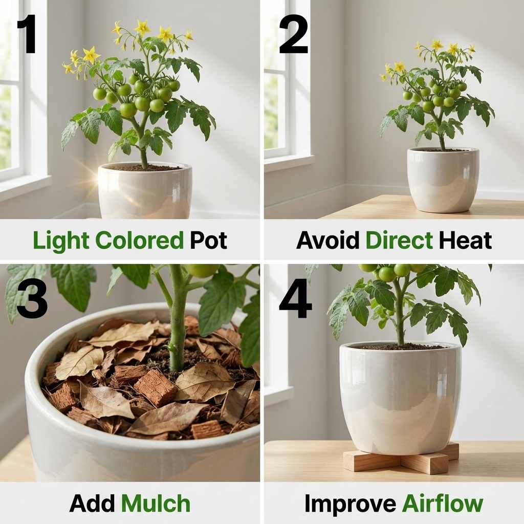 how to fix root heat issues in cherry tomato using light pot mulch and airflow