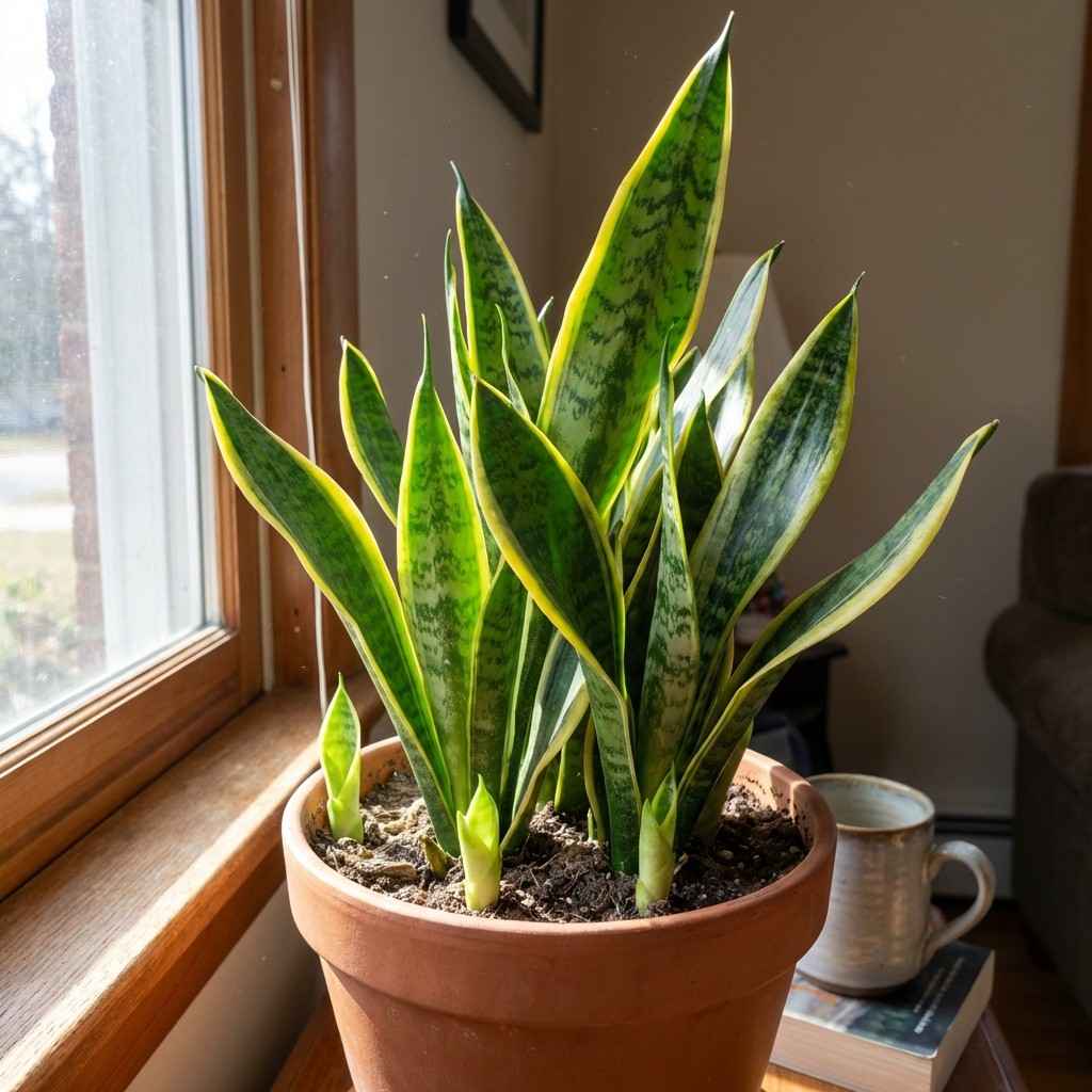 snake plant bushy growth with multiple pups growing from base
