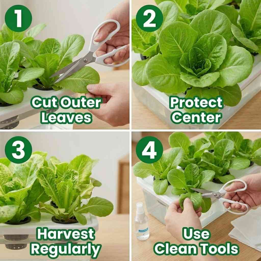 how to harvest hydroponic lettuce correctly by cutting outer leaves and protecting center