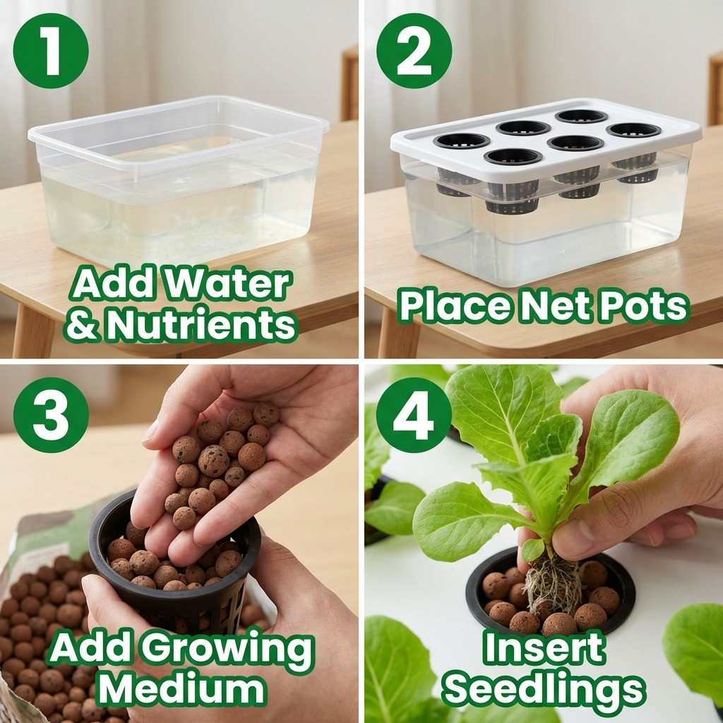 step by step hydroponic lettuce setup for beginners with net pots and nutrient solution