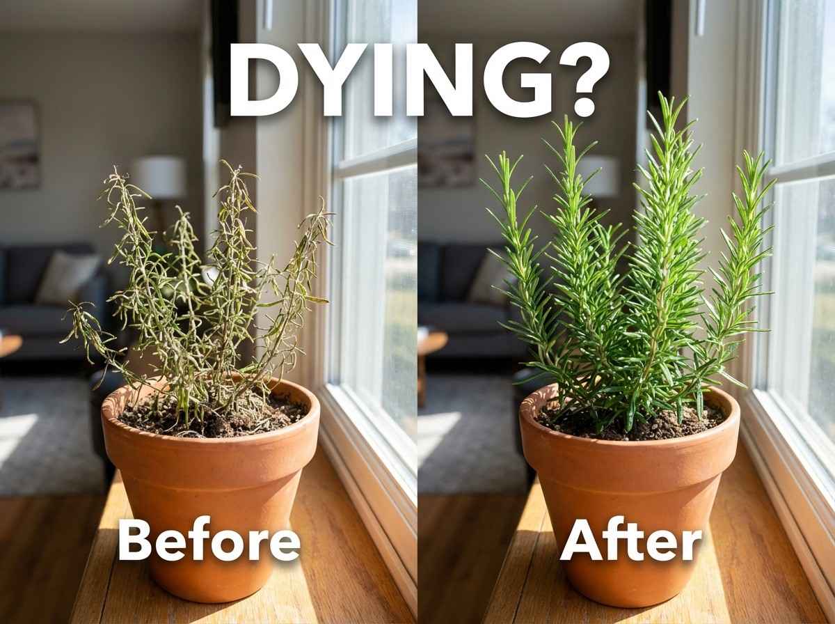 rosemary plant is dying before and after comparison showing dry vs healthy plant