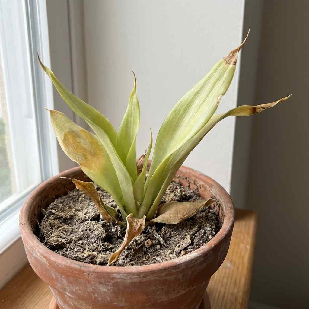 snake plant nutrient deficiency with dull leaves and slow growth