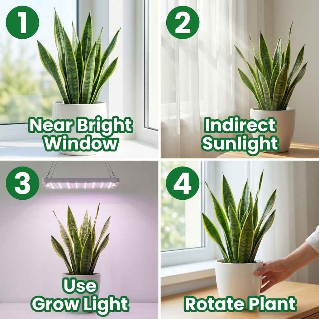 how to fix snake plant light issues with window sunlight grow light and rotation