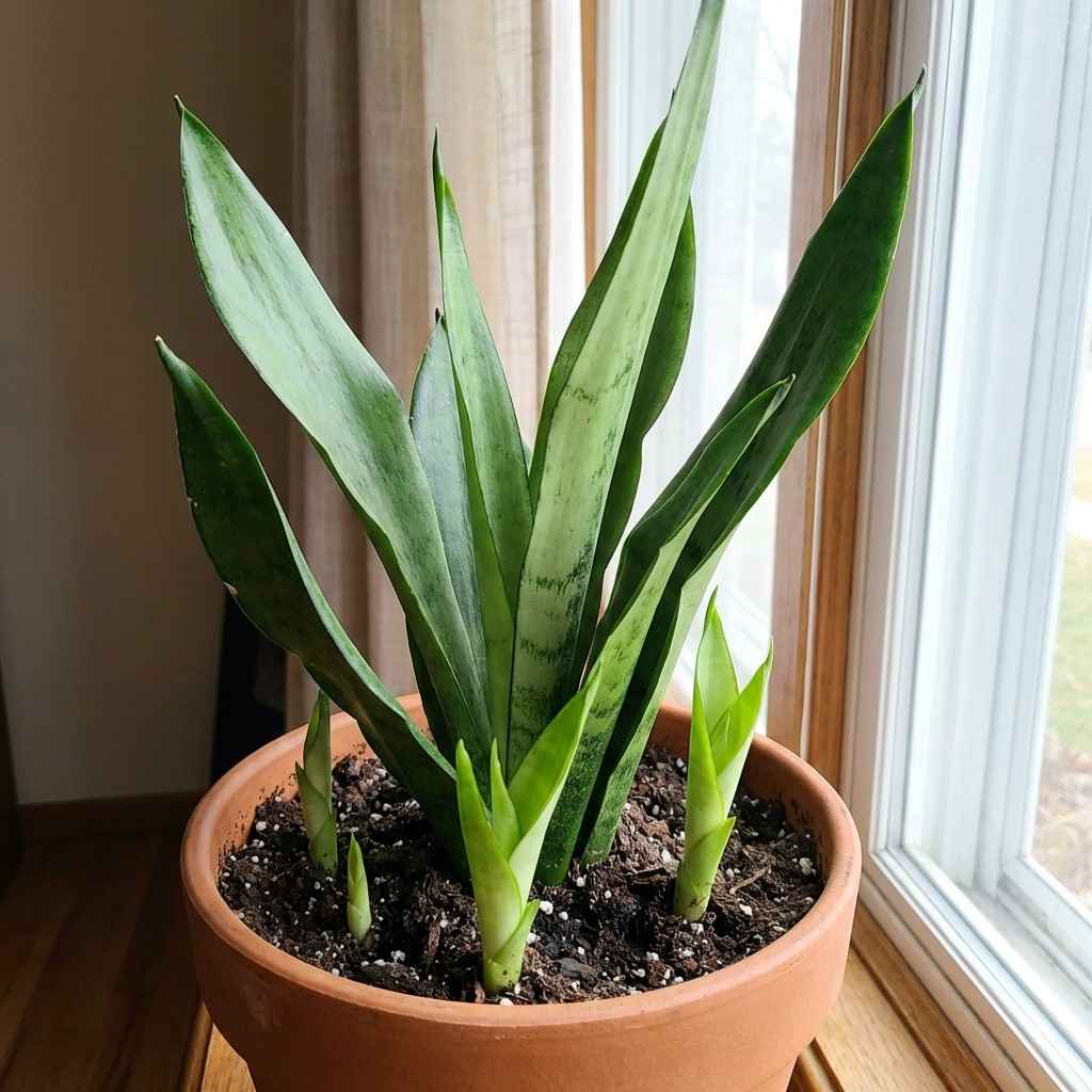 snake plant producing new pups and bushy growth from base