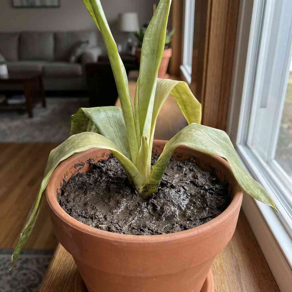 overwatered snake plant with soggy soil soft leaves and slow growth