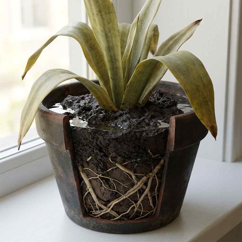 snake plant poor soil quality with compact soil and poor drainage affecting growth
