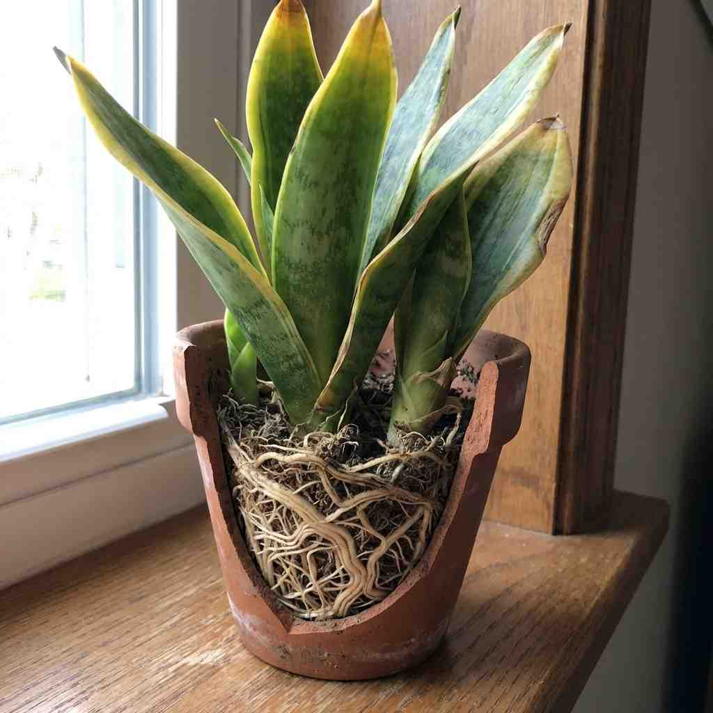 snake plant root bound in small pot with crowded roots and no new growth