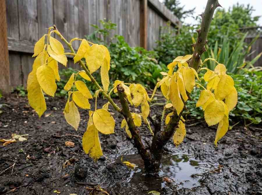 Overwatered rose plant with yellow drooping leaves and soggy waterlogged soil in a garden