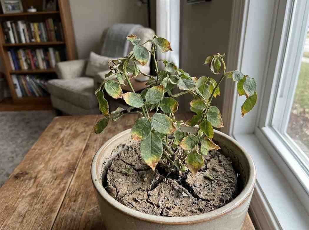 Indoor rose plant in a pot with dry cracked soil and curling yellow leaves due to underwatering