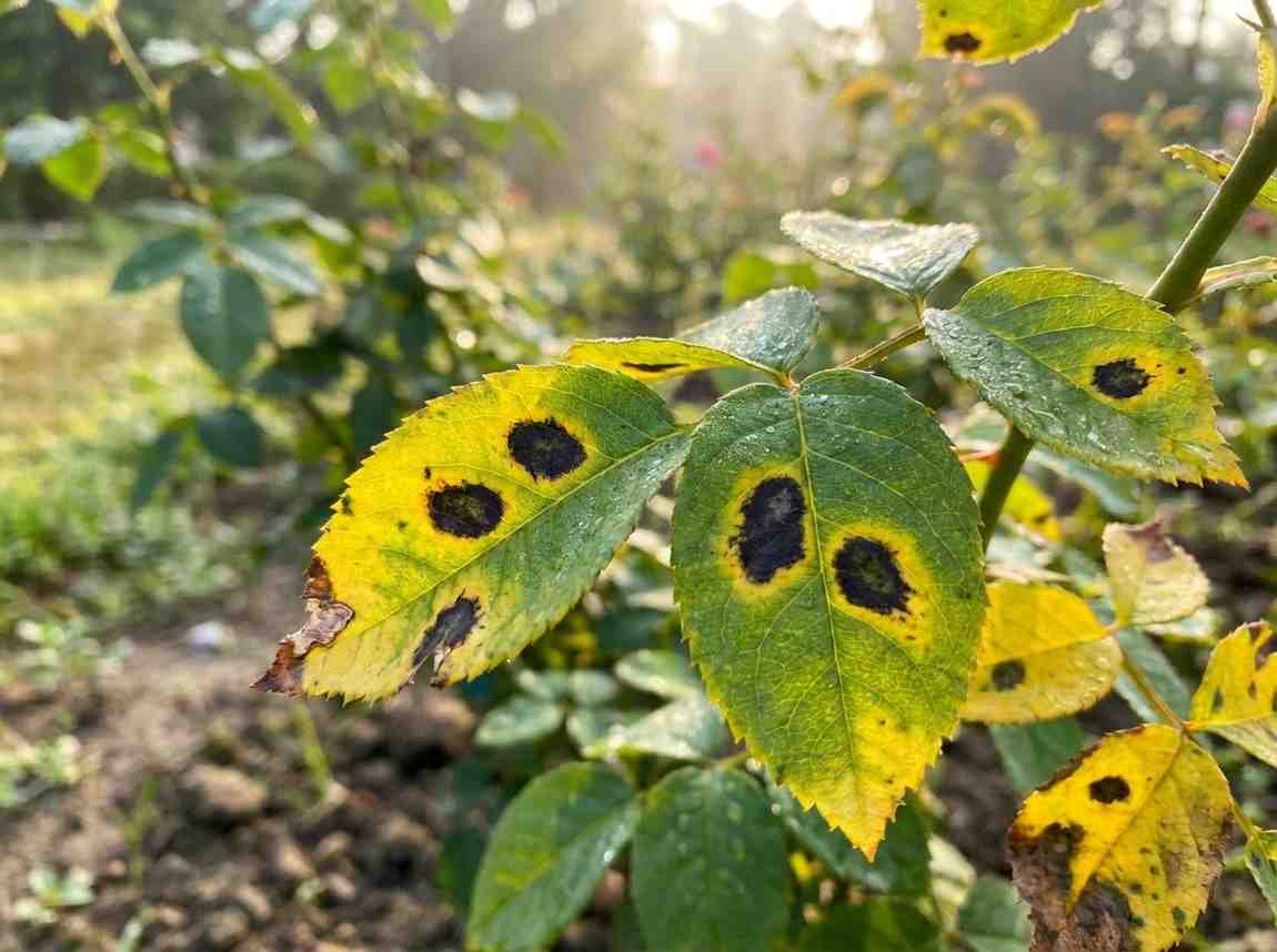Rose plant leaves showing black spot fungal disease with circular dark spots and yellow halos