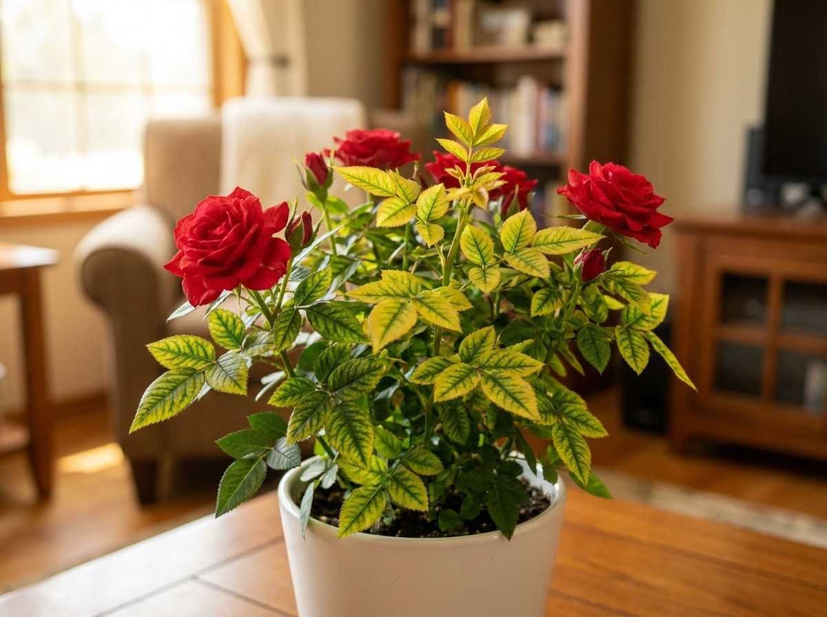 Indoor rose plant with red flowers showing iron deficiency chlorosis with yellow leaves and green veins