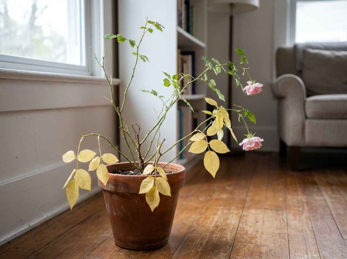 Indoor rose plant showing nitrogen deficiency with older lower leaves turning pale yellow while new growth remains green