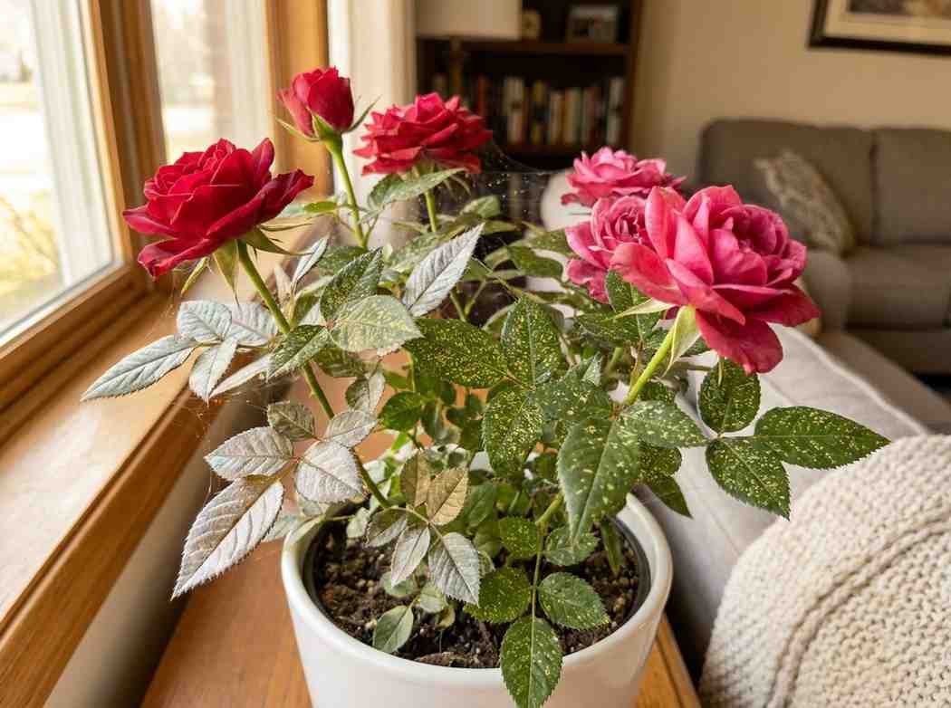 Rose plant with pink flowers showing spider mite damage with yellow stippling and fine webbing on leaves