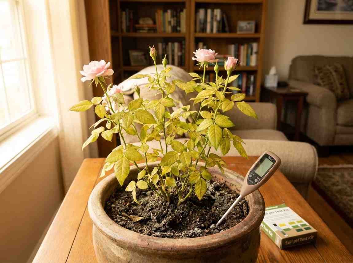 Indoor rose plant with pale flowers showing widespread yellow leaves caused by wrong soil pH imbalance