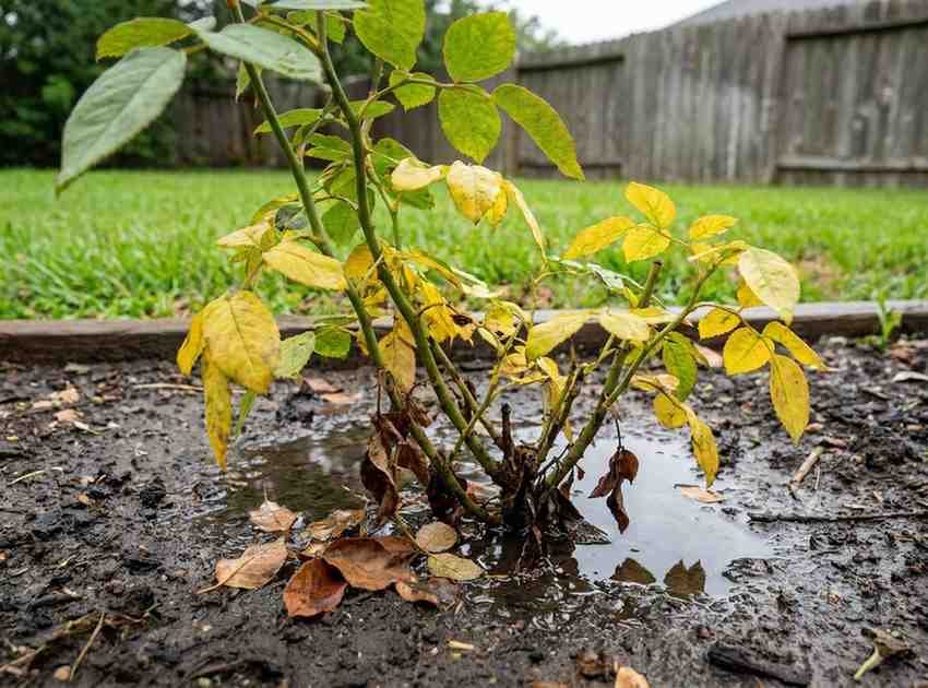 Outdoor rose plant in American backyard garden showing root rot with yellowing wilting leaves and dark mushy roots in waterlogged soil
