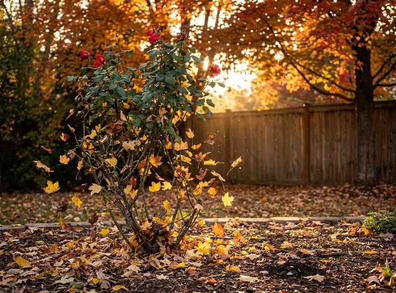 Rose plant showing natural seasonal shedding with older lower leaves turning yellow and falling during autumn in a backyard garden