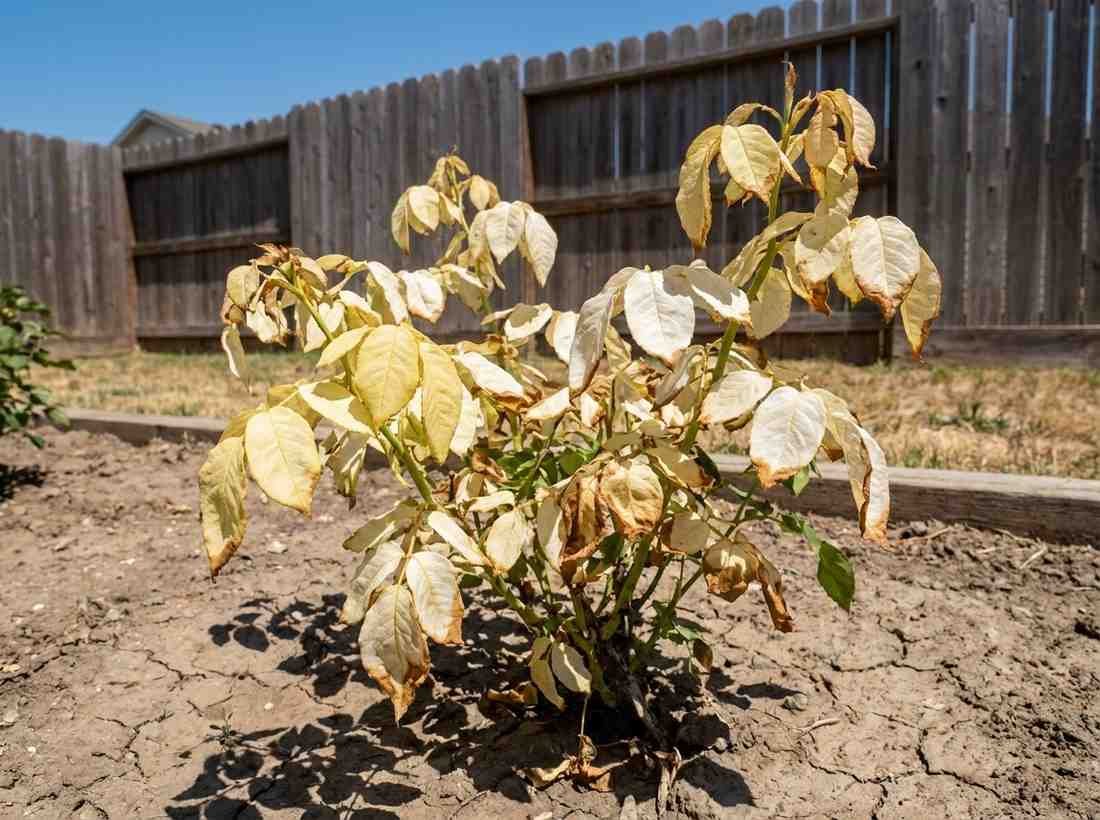 Rose plant leaves turning yellow and scorched brown from too much direct sunlight and heat stress in an outdoor summer garden