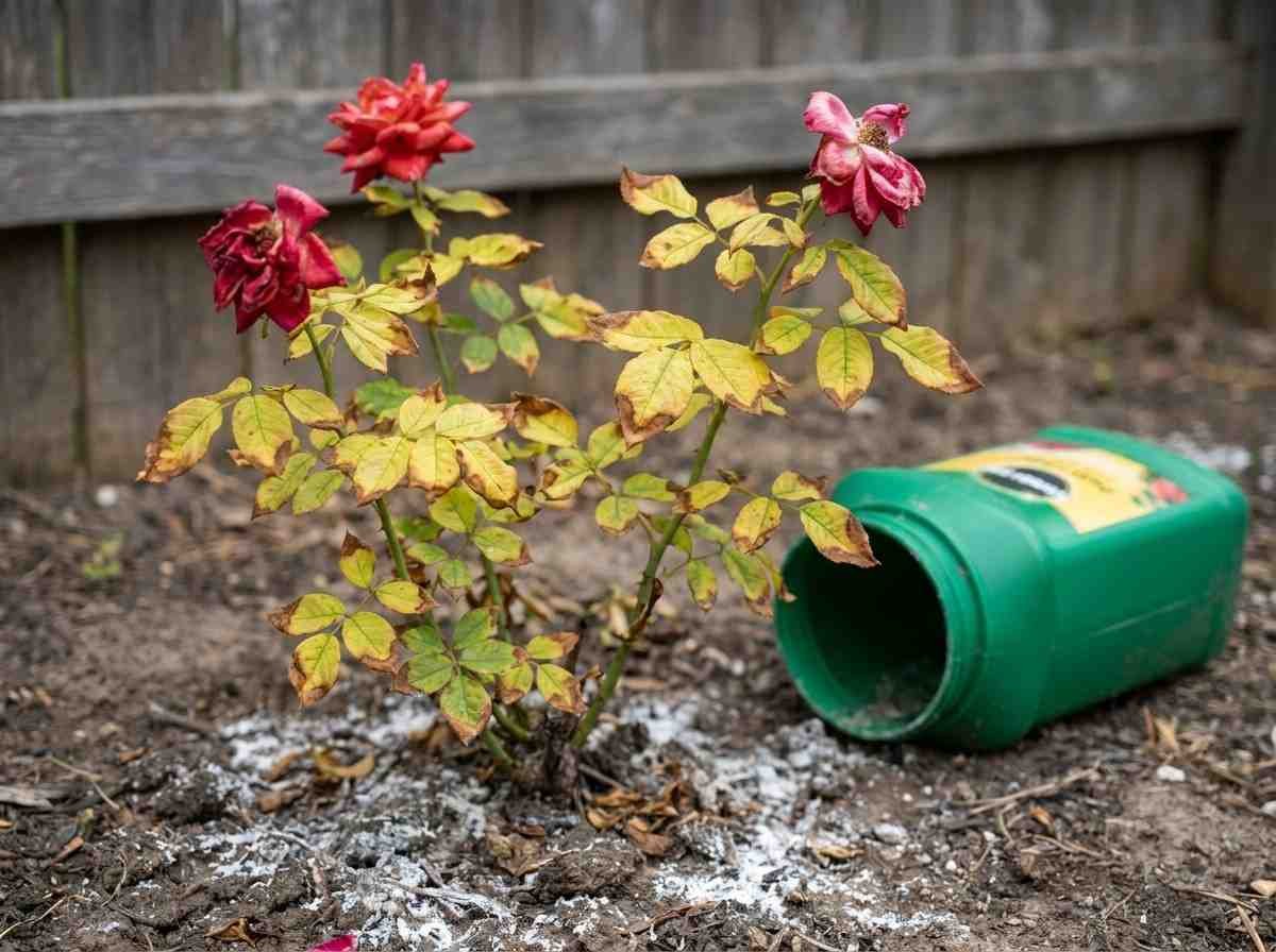 Rose plant with red and pink flowers showing fertilizer burn damage with yellowing leaves and brown scorched tips from over fertilizing
