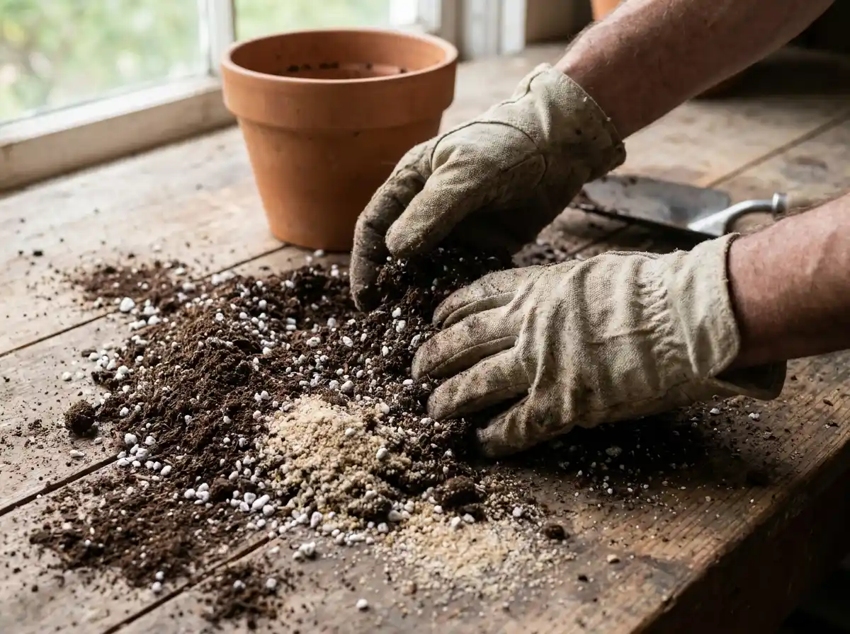Well-draining soil mix with perlite and coarse sand for growing rosemary in a pot