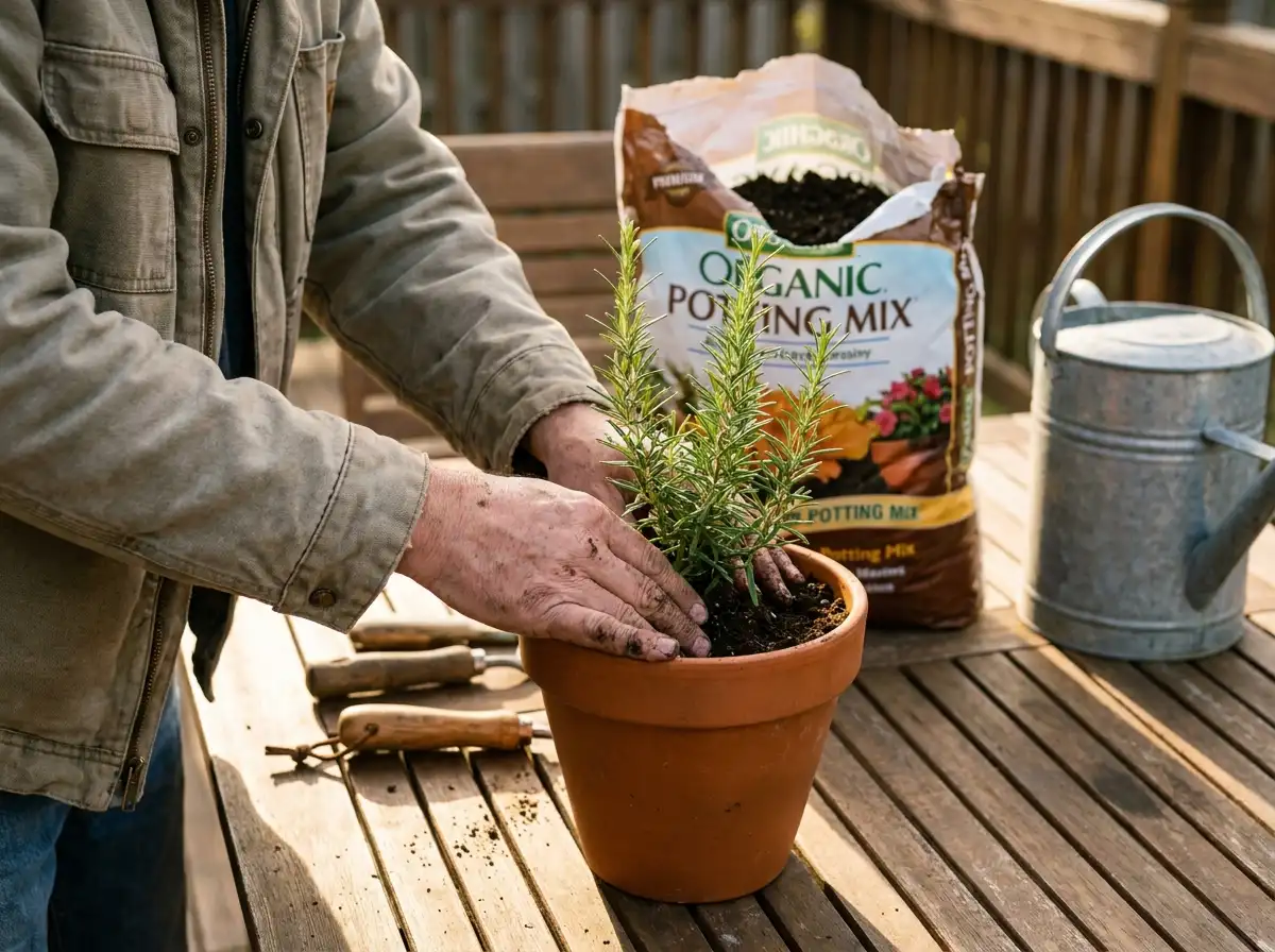 Gardener planting a rosemary plant into a terracotta pot with fresh potting mix