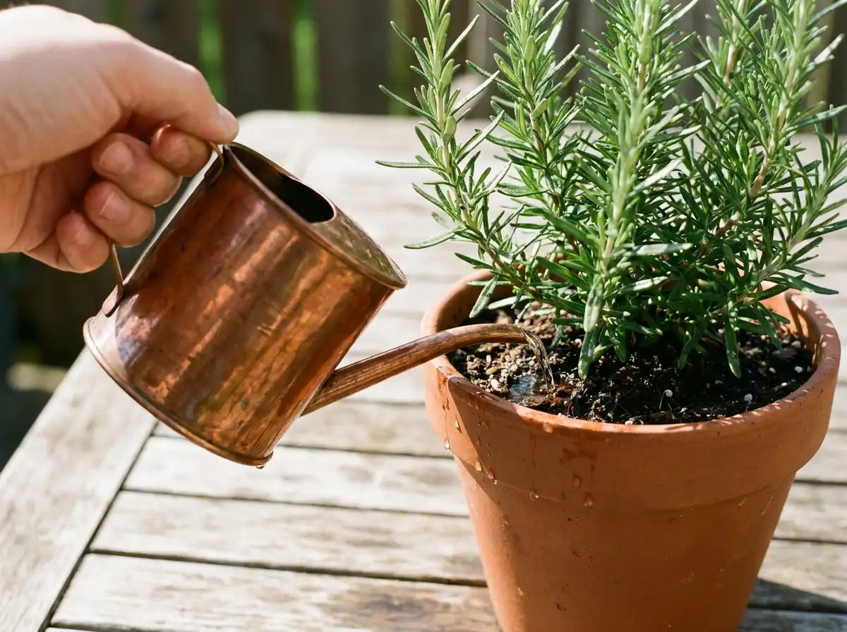 Watering a rosemary plant at the base of the pot with a small garden watering can
