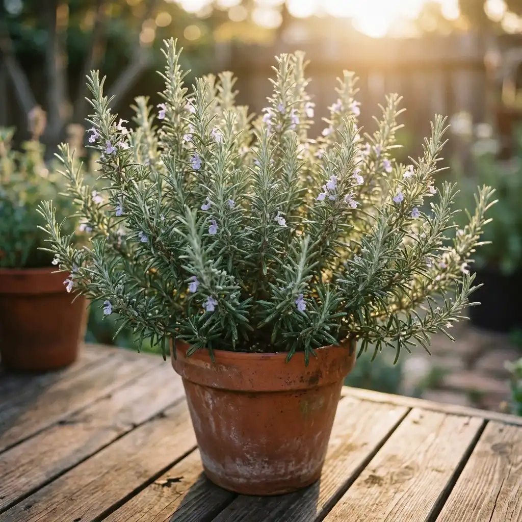 Rosemary plant in a terracotta pot placed on a sunny wooden patio