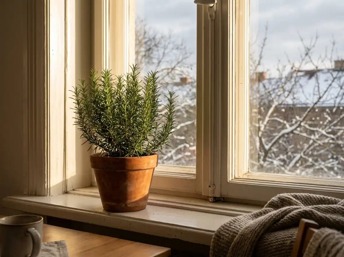 Rosemary plant in a pot placed indoors near a bright sunny south-facing window in winter