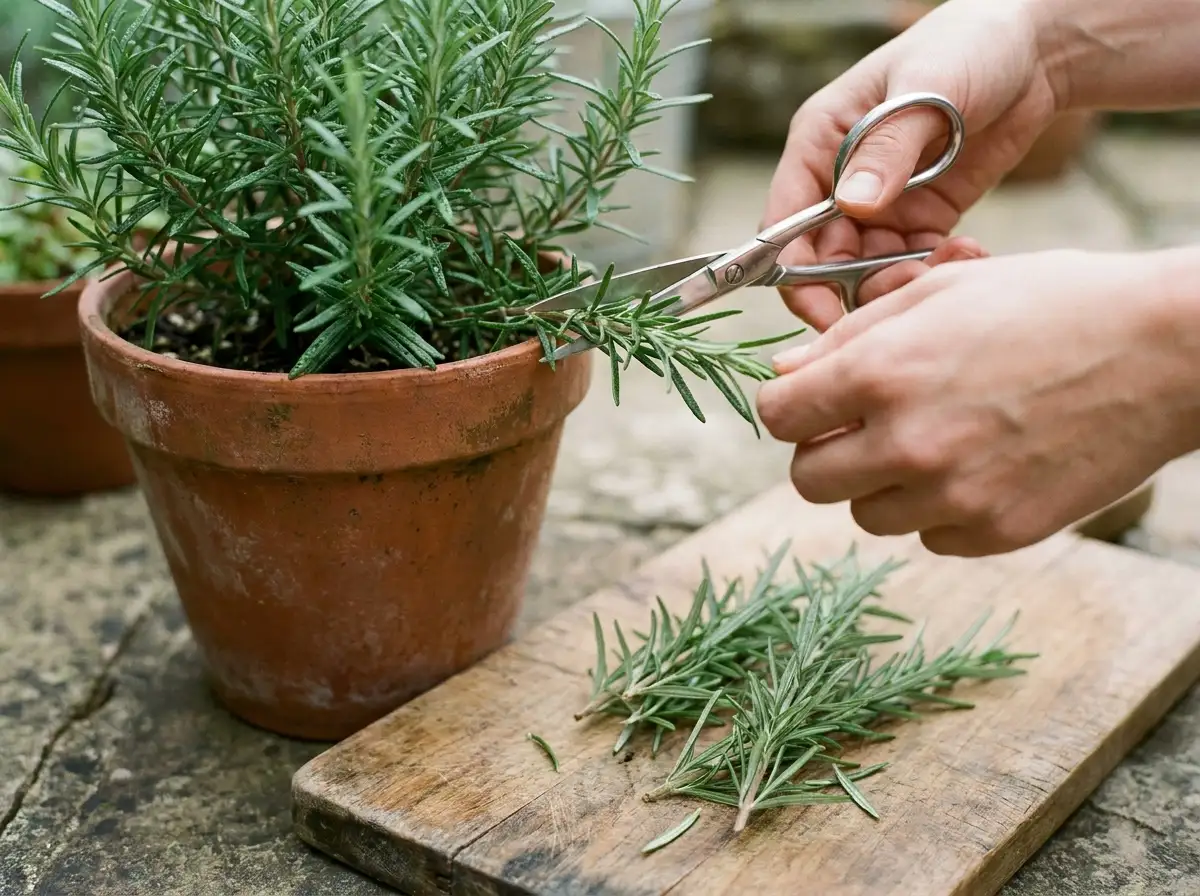 Harvesting fresh rosemary sprigs from a potted rosemary plant using garden scissors