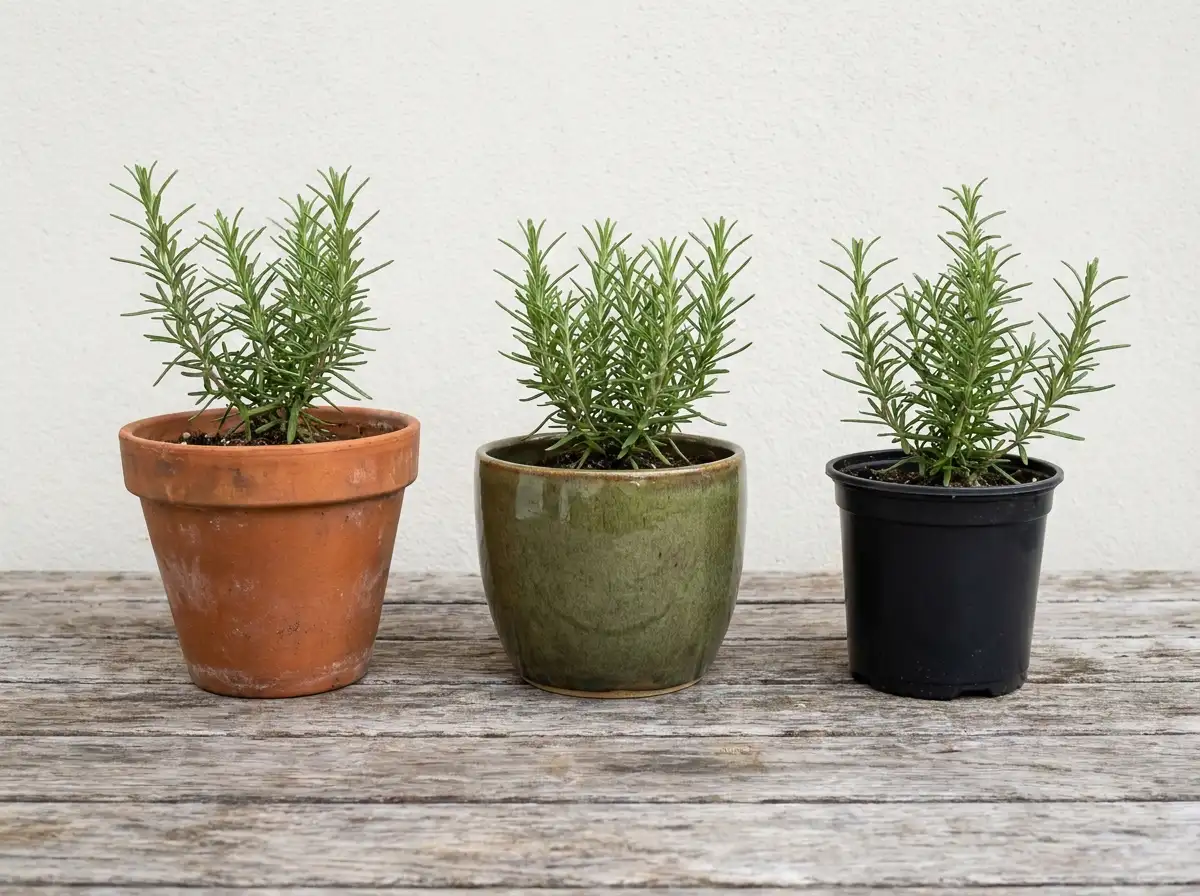 Different types of pots for growing rosemary plant — terracotta, ceramic, and plastic side by side